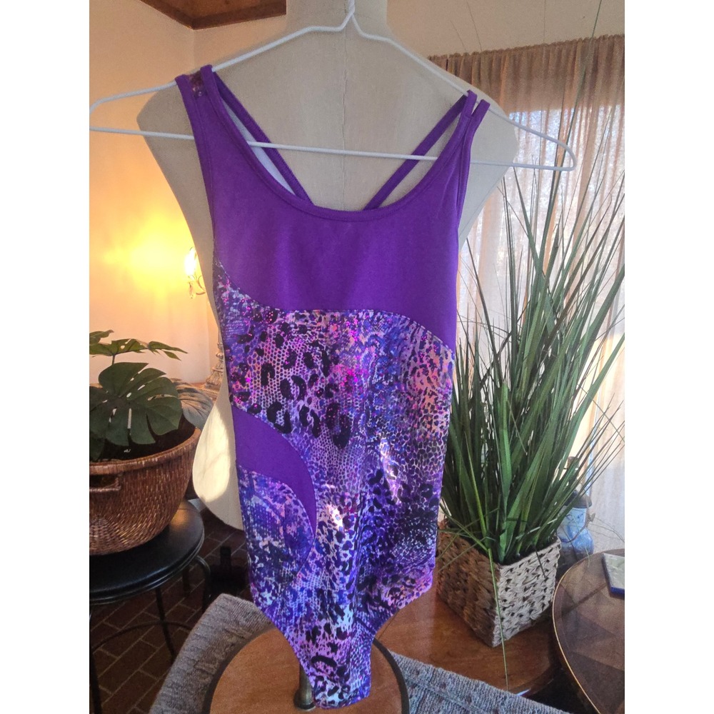 NWT RAINBEAU MOVES Girls Purple Animal Print Glitter Gymnastics Leotard  L 10-12